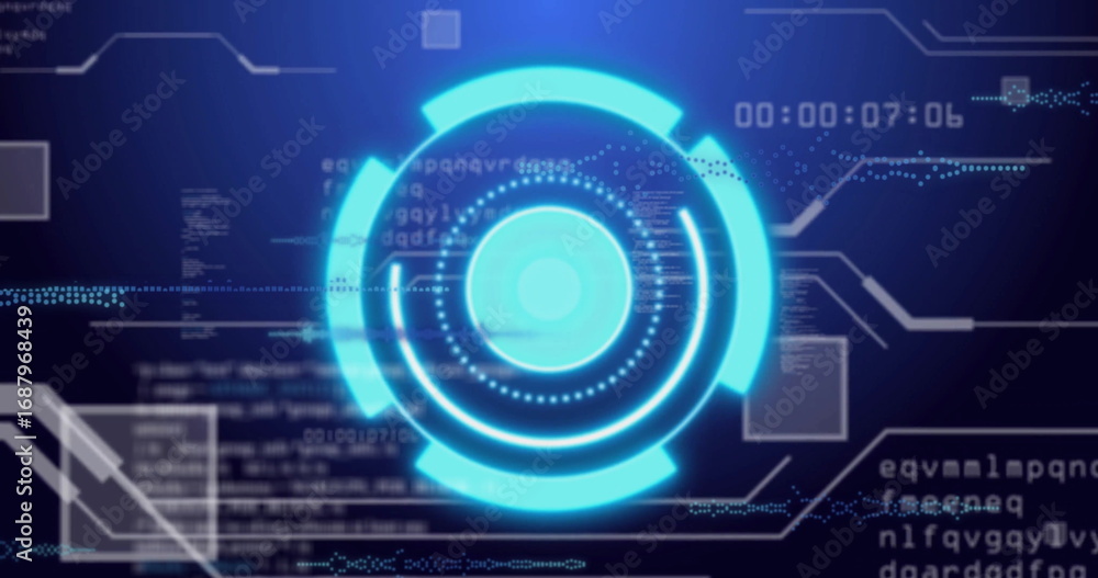 Poster showing central cyan-blue graphic in hud, with data streams code panels text overlays and timestamp