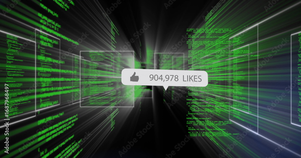 Poster streaming green code lines through digital tunnel, showing notification bubble with 904,978 likes