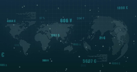 Naklejka premium Displaying dotted world map and globe on teal data dashboard, showing floating numeric data points