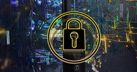 Displaying glowing padlock overlaying server rack mesh in secure data center, network node graphics