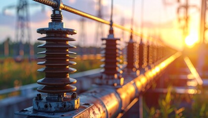 Electrical insulators on power line at sunset with a warm golden light shining through. Concept idea for power transmission, energy infrastructure and grid modernization initiatives