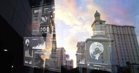Showing digital UI panels floating over city street at dusk, depicting world maps and charts