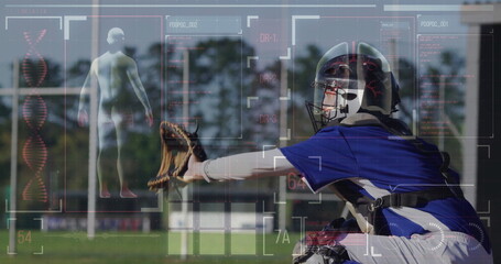 Catcher catching incoming baseball on grass field, with helmet, mitt and HUD graphics, copy space
