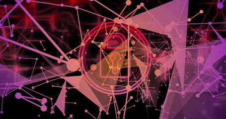 Displaying padlock icon glowing within rings over digital network, with nodes, lines and triangles