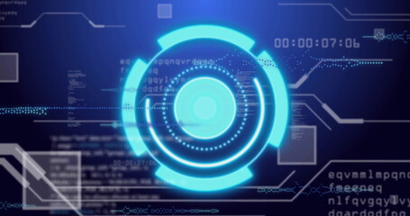 Showing central cyan-blue graphic in HUD, with data streams code panels text overlays and timestamp