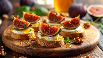 Delicious fig and cheese crostini appetizers with honey drizzle on a wooden board. Ideal for gourmet food presentation, rustic cuisine inspiration and autumnal menu promotion