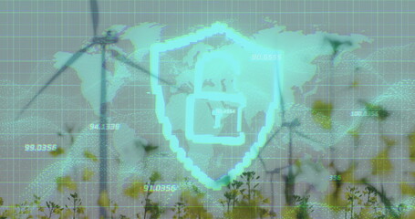 Displaying glowing shield icon overlaying wind turbines in field, with map, grid and data points