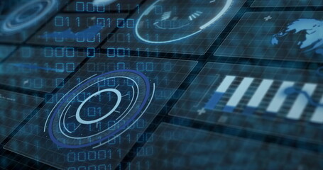 Rotating central circular HUD interface on command center console, with digit streams and bar chart