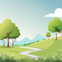 Fototapeta premium Watercolor Botanical Elements in Elevated Grass Landscape, Ideal for Architectural Drawings, Featuring a Blooming Tree in a Lush Garden Environment.