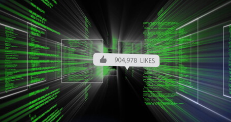 Streaming green code lines through digital tunnel, showing notification bubble with 904,978 likes