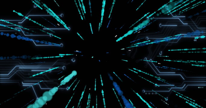 Radiating blue data trails from central void in digital space, with glowing nodes and circuit lines