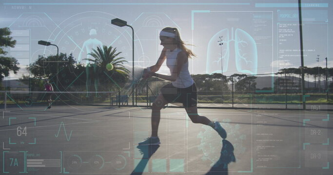 Lunging tennis player hitting tennis ball on tennis court at sunset, with racket and holographic UI