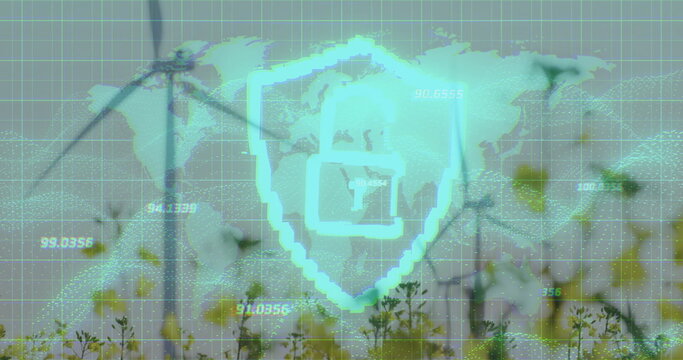 Displaying glowing shield icon overlaying wind turbines in field, with map, grid and data points