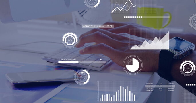 Typing hands entering data on keyboard at home office, with smartwatch, mug and data overlays - Powered by Adobe