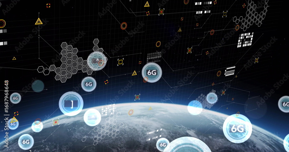 Aufkleber visualizing earth's curved globe orbiting above atmosphere, with network grid lines and 6g icons