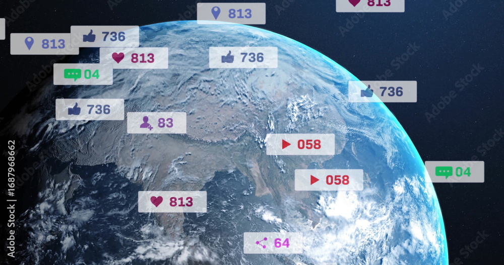 Poster planet earth rotating in outer space, with floating social media notification icons
