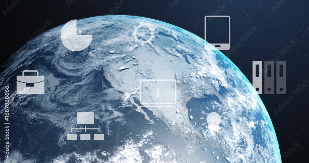 Poster showing earth in orbit, with floating graphic icons representing data business tech and idea themes