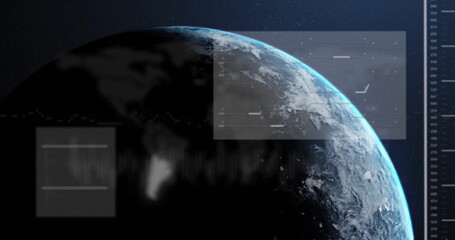 Showing planet Earth receiving sunlight in outer space, with HUD panels and vertical scale markings