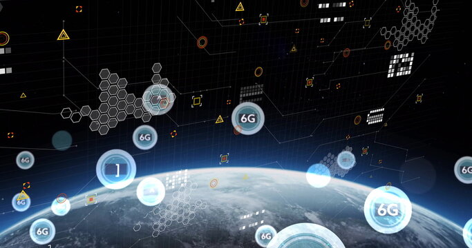 Naklejki Visualizing Earth's curved globe orbiting above atmosphere, with network grid lines and 6G icons