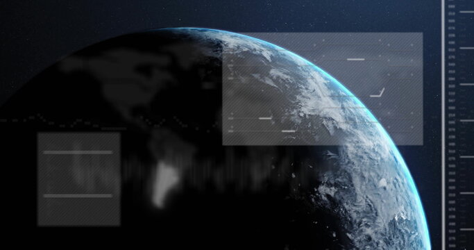 Naklejki Showing planet Earth receiving sunlight in outer space, with HUD panels and vertical scale markings