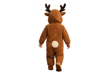 Baby walking away wearing reindeer costume on transparent background
