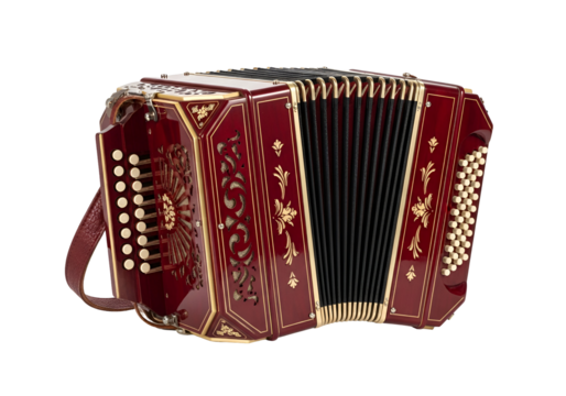 Ornate, burgundy-red accordion with gold detailing, angled against a black background, showcasing intricate carvings and a musical instrument.