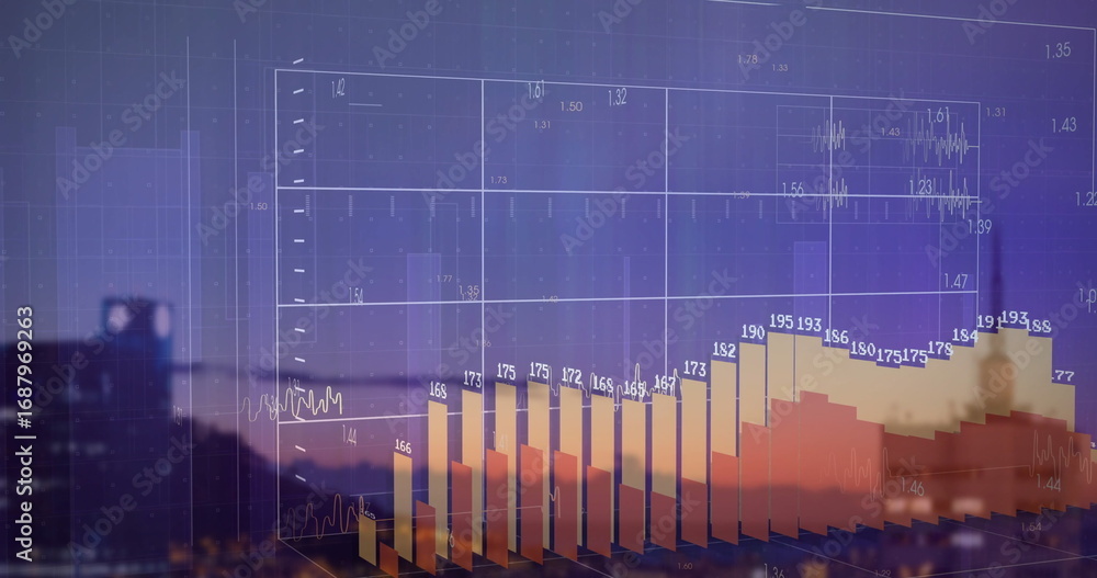 Poster displaying 3d bar chart rising over urban skyline at dusk, with grid overlay and numeric labels