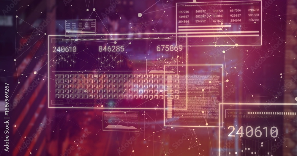 Fototapete hovering numeric data panel on clear display, with grid, code panels, charts and network graph