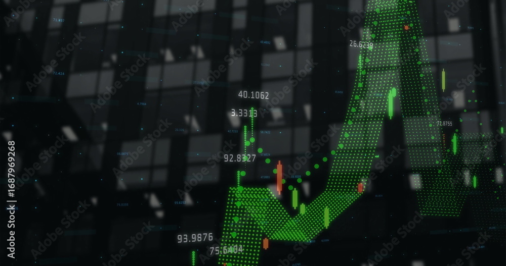 Aufkleber displaying chart overlay on office building windows with dotted wave, candlestick bars, data labels