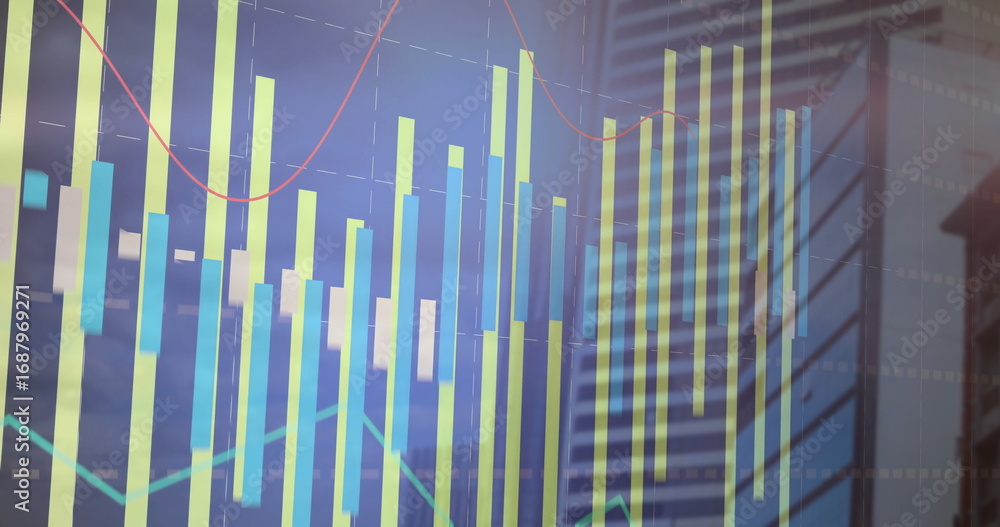 Aufkleber displaying financial chart showing vertical bars and line graphs on glass high-rise with gridlines