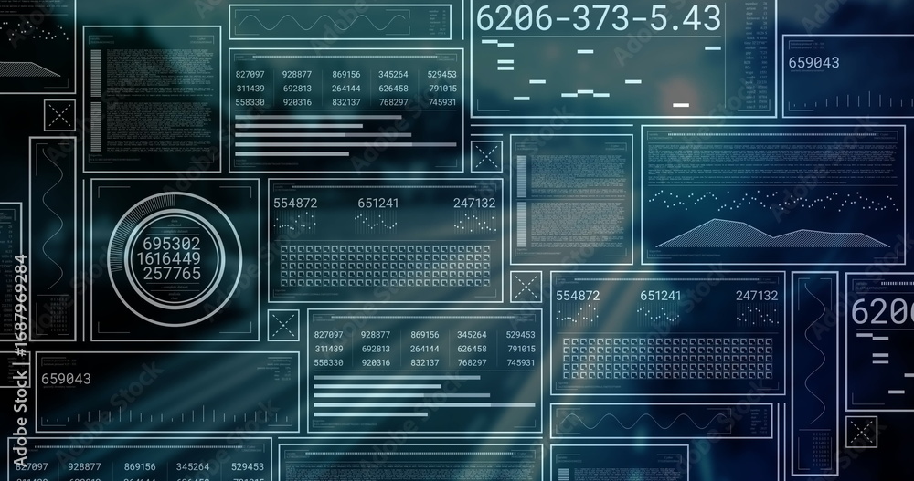 Poster displaying digital dashboard floating over blue backdrop, with data panels showing graphs and code