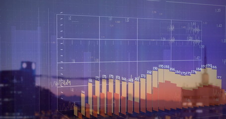 Displaying 3D bar chart rising over urban skyline at dusk, with grid overlay and numeric labels