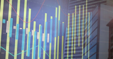 Displaying financial chart showing vertical bars and line graphs on glass high-rise with gridlines