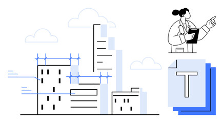 Doctor holding clipboard next to modern cityscape under construction, surrounded by clouds and building elements. Ideal for urban planning, healthcare, innovation, architecture, development, future