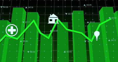 Showing green 3D bars rising on grid dashboard, with line graph and medical, house, lightbulb icons