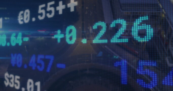 Displaying digital ticker readouts on trading floor glass, with pixelated currency symbols - Powered by Adobe
