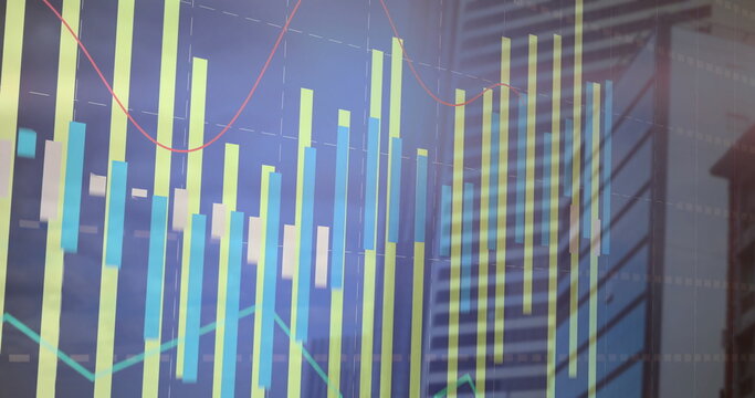 Displaying financial chart showing vertical bars and line graphs on glass high-rise with gridlines