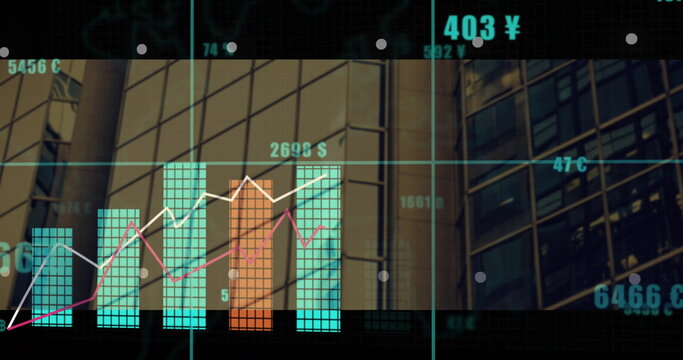 Displaying chart on urban facade with teal or orange bars, white or magenta lines, grid, currency la
