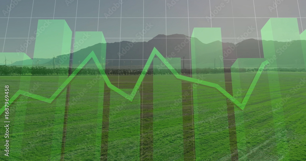 Poster overlaying translucent green bar chart and line graph over grassy field, with white grid lines