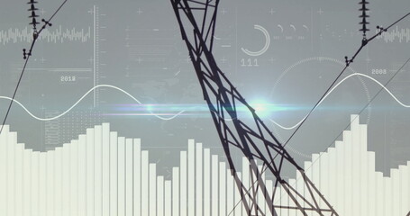 Steel transmission tower standing against gradient sky, with power lines and data overlays