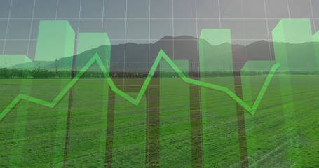 Overlaying translucent green bar chart and line graph over grassy field, with white grid lines