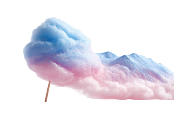 A fluffy, candy-like cloud, light blue and pink,  stretching out.  A wooden stick supports its base