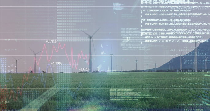 Displaying wind turbines generating power on plain at rural site, with overlaid analytics data