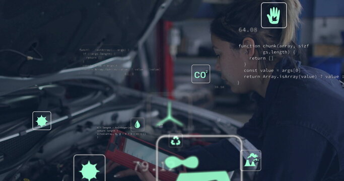 Mechanic operating scanner under car hood in coveralls in workshop, displaying overlays, copy space - Powered by Adobe