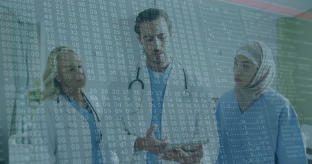 Discussing data medical team collaborating in hospital corridor, with stethoscopes, digital overlay