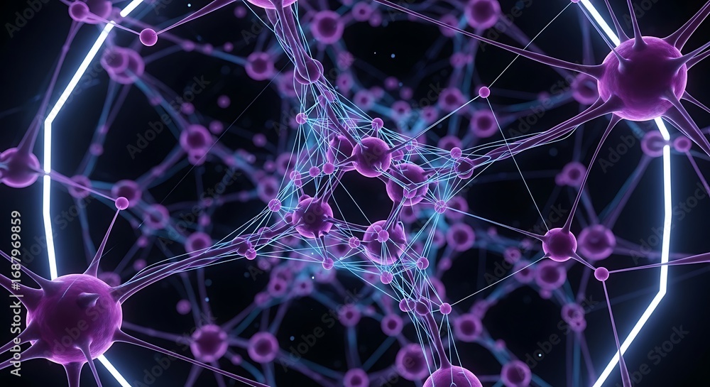 Poster abstract 3d render of an interconnected network with glowing purple nodes, blue lines, and bright he