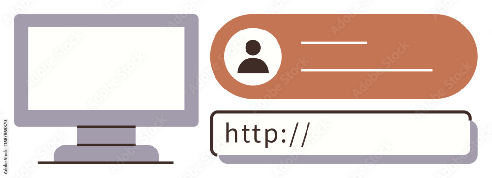 Poster computer screen, profile icon, user fields, and url input bar for digital identity, web access, or o