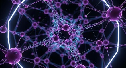 Abstract 3D render of an interconnected network with glowing purple nodes, blue lines, and bright hexagonal frames representing artificial intelligence or data structures.