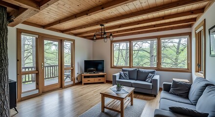 Fototapeta premium Cozy living room with wood accents offering a tranquil view of the verdant forest outside, creating a warm and