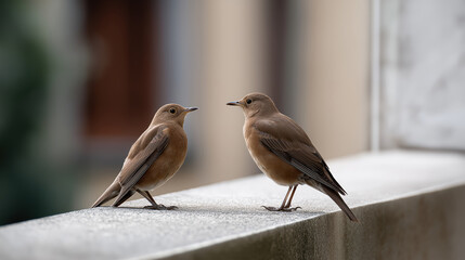 Beautiful wildlife scene featuring two small birds perched on a ledge showcasing natural habitat peaceful outdoor environment and detailed avian behavior